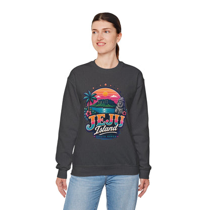 Dark heather graphic sweatshirt with colorful TEJU Island South Korea front print