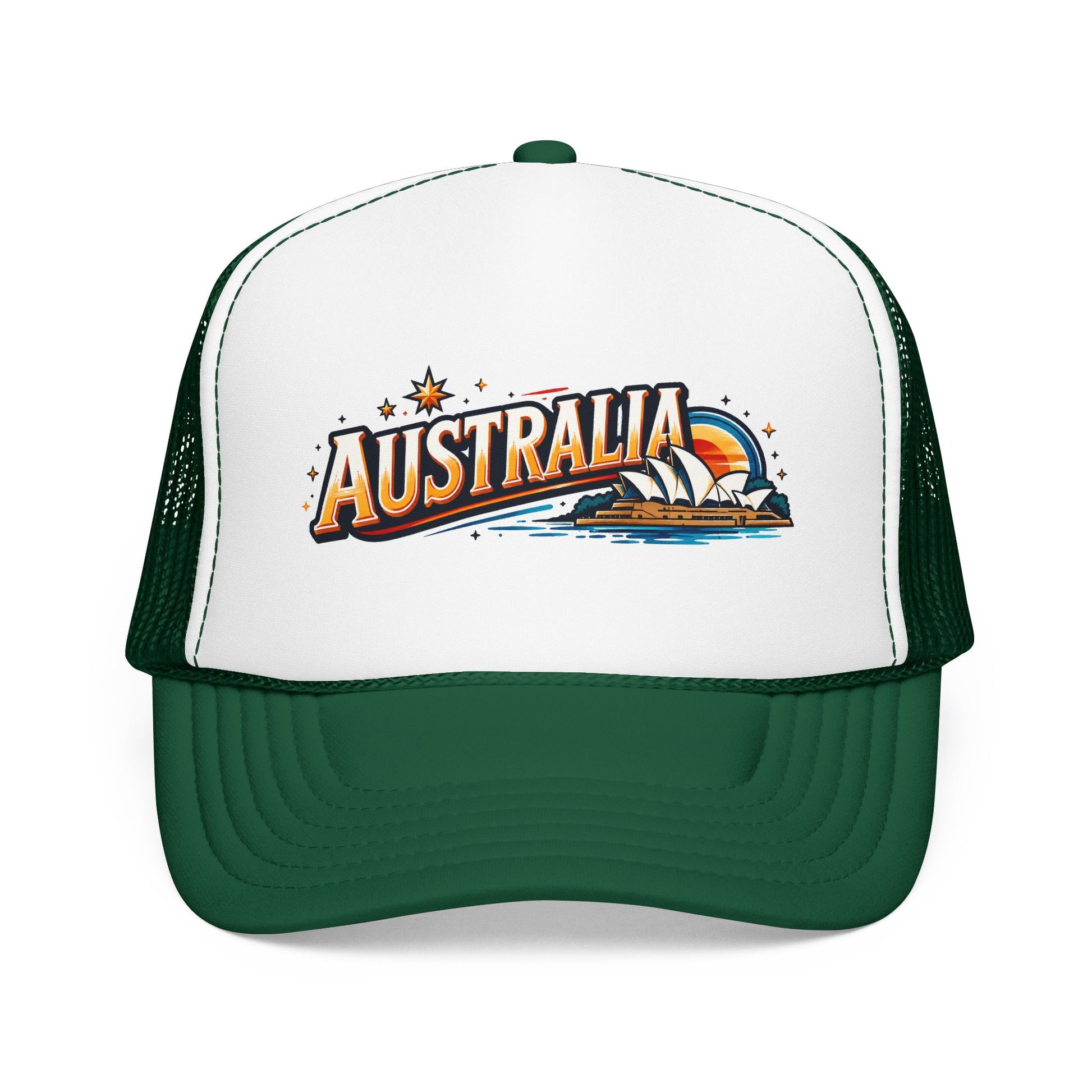 White front panel dark-green trucker cap with Australia graphic and curved brim