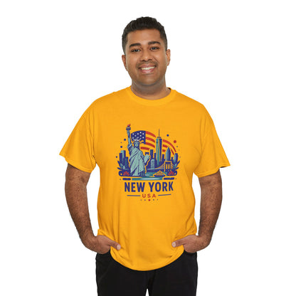 Gold T-shirt with Statue of Liberty New York USA graphic on chest