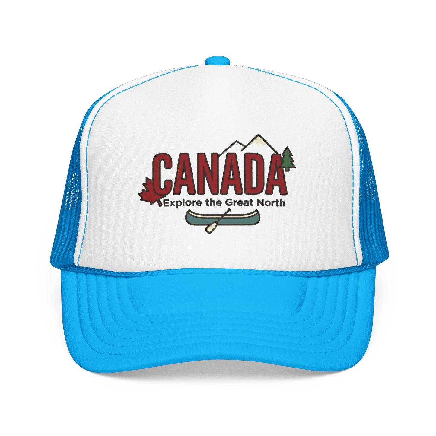 White and blue foam trucker hat with Canada graphic front.