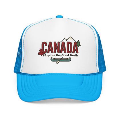 White and blue foam trucker hat with Canada graphic front.