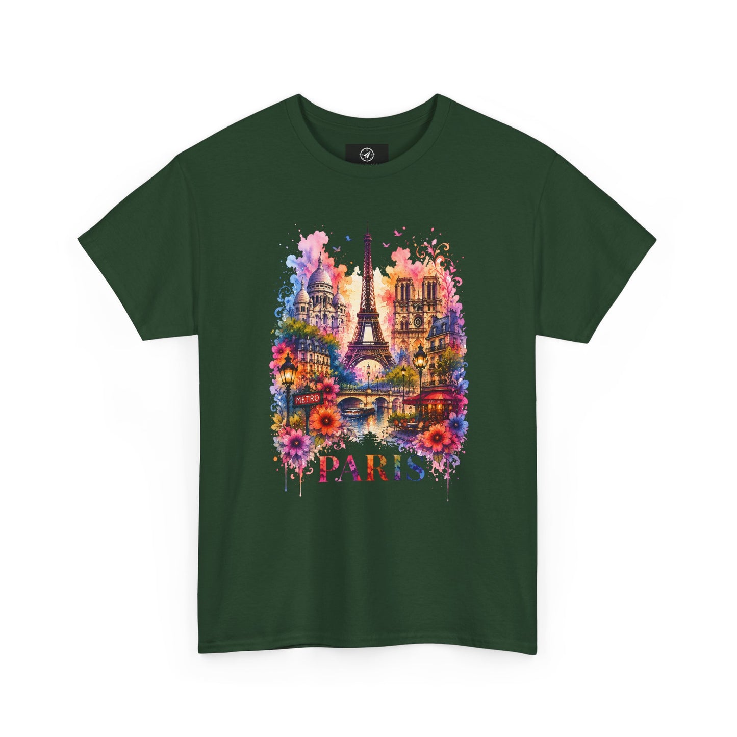 Dark green T-shirt with colorful Eiffel Tower floral watercolor graphic and PARIS text