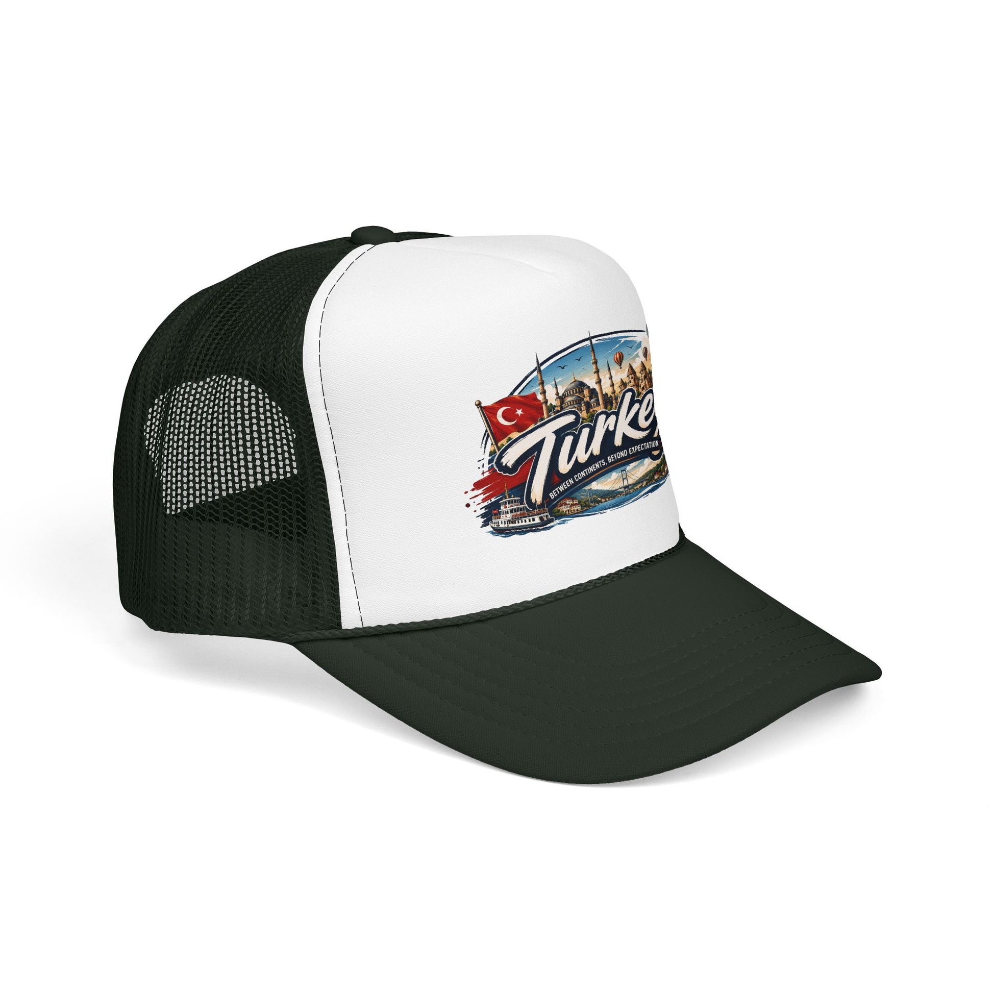 Turkey travel trucker hat with white front panel and dark green mesh sides