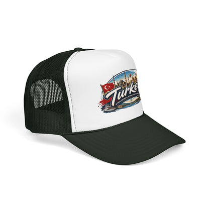 Turkey travel trucker hat with white front panel and dark green mesh sides