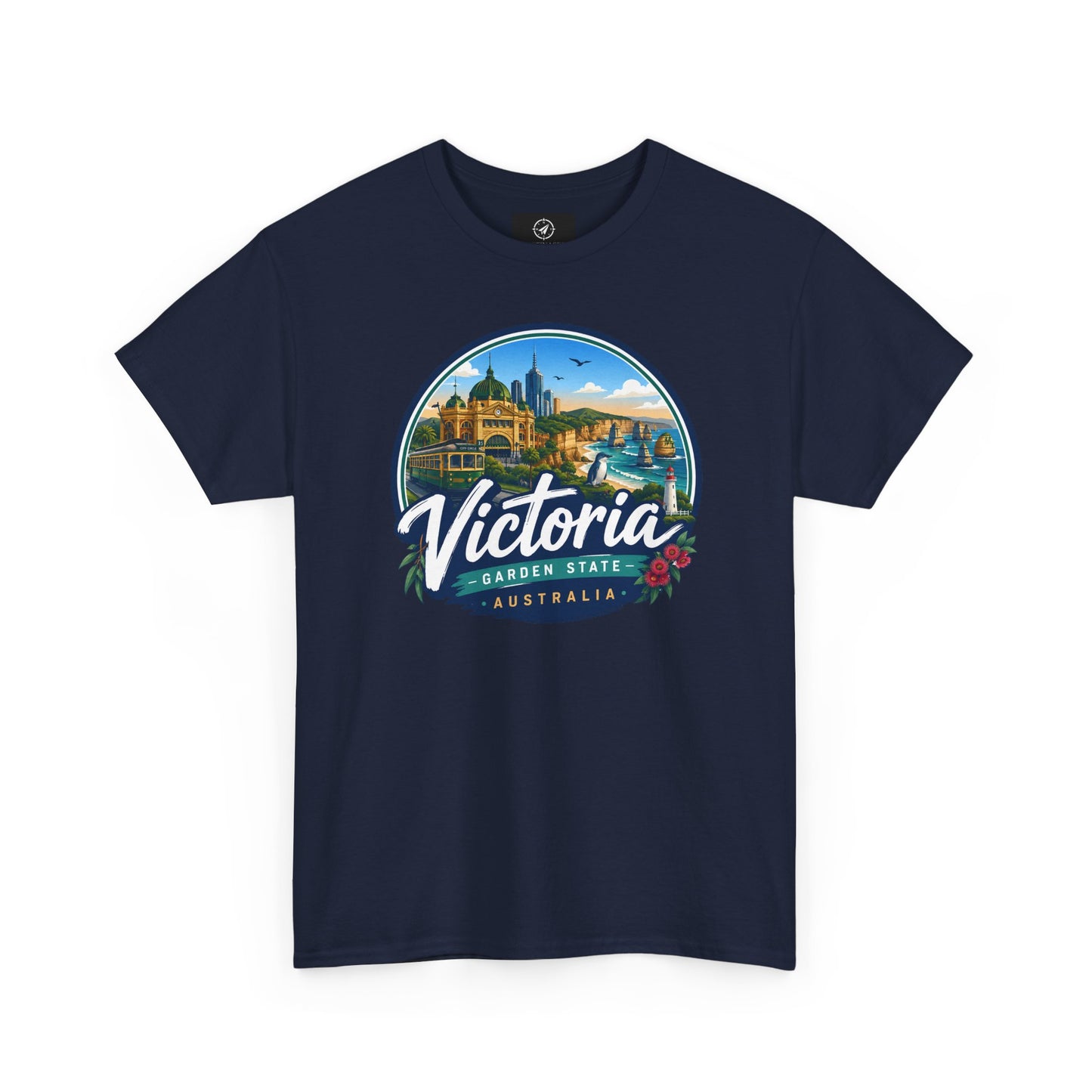 Navy travel tee with Victoria graphic logo on the chest