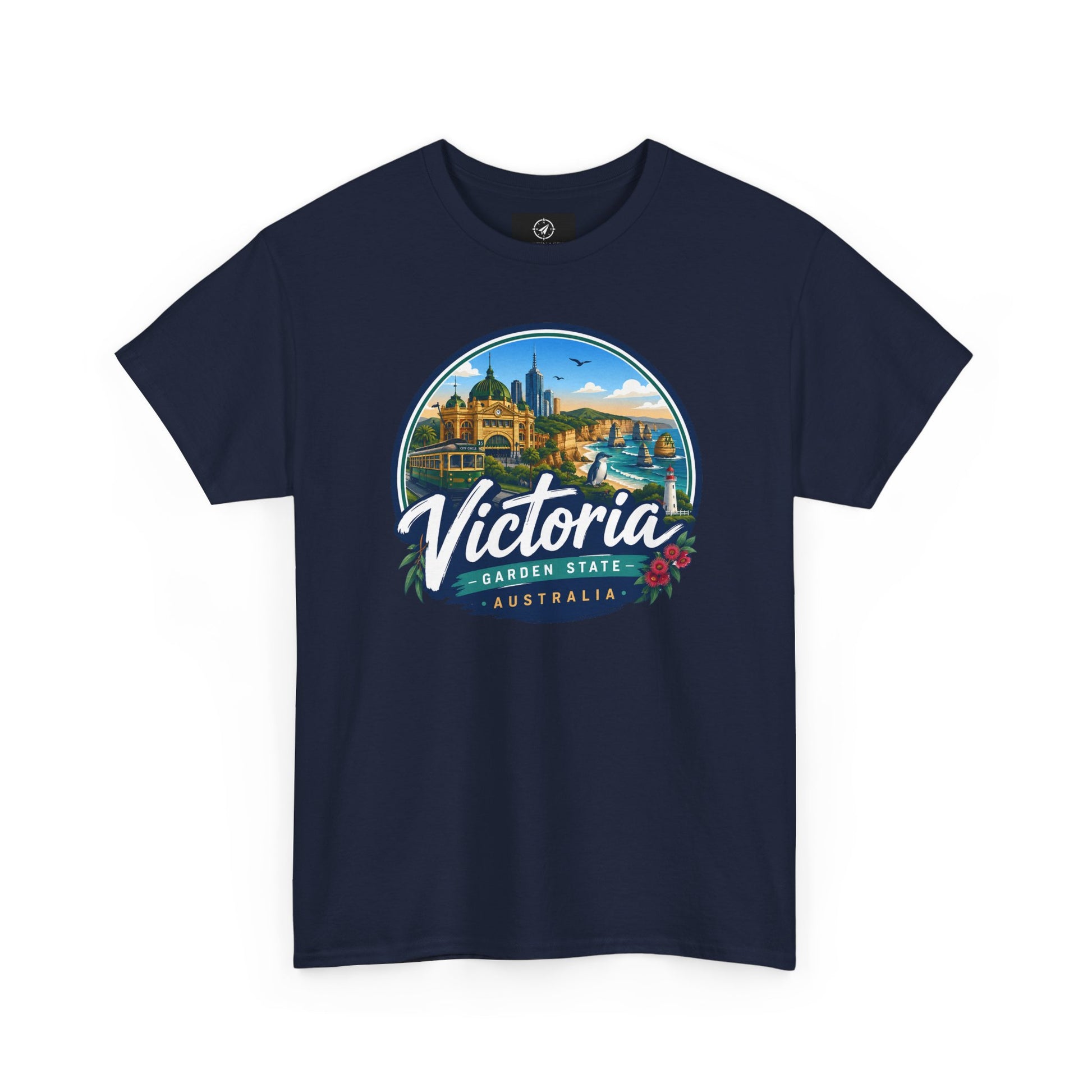 Navy travel tee with Victoria graphic logo on the chest