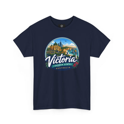 Navy travel tee with Victoria graphic logo on the chest
