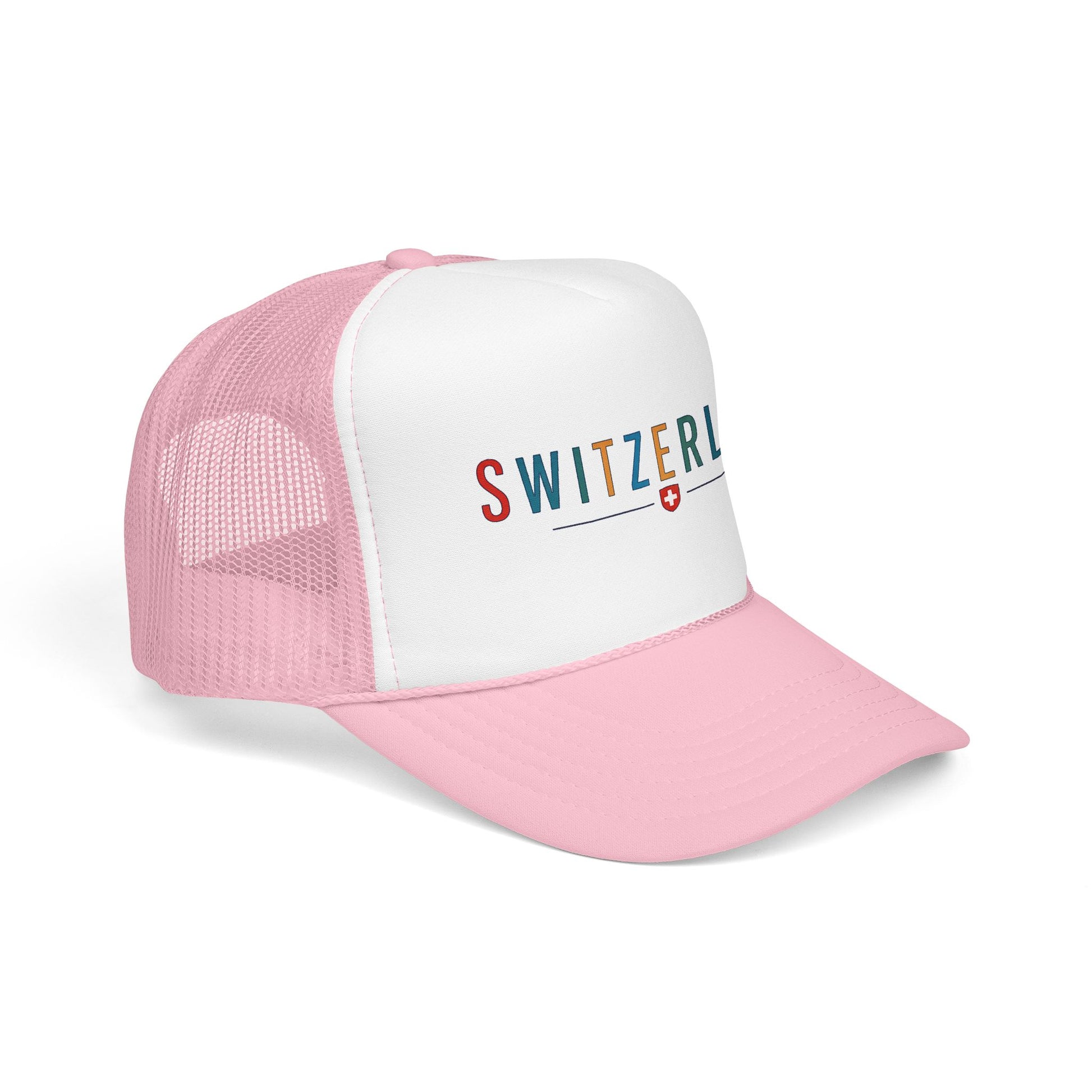 Two-tone trucker cap, pink mesh back and white front, SWITZERLAND logo