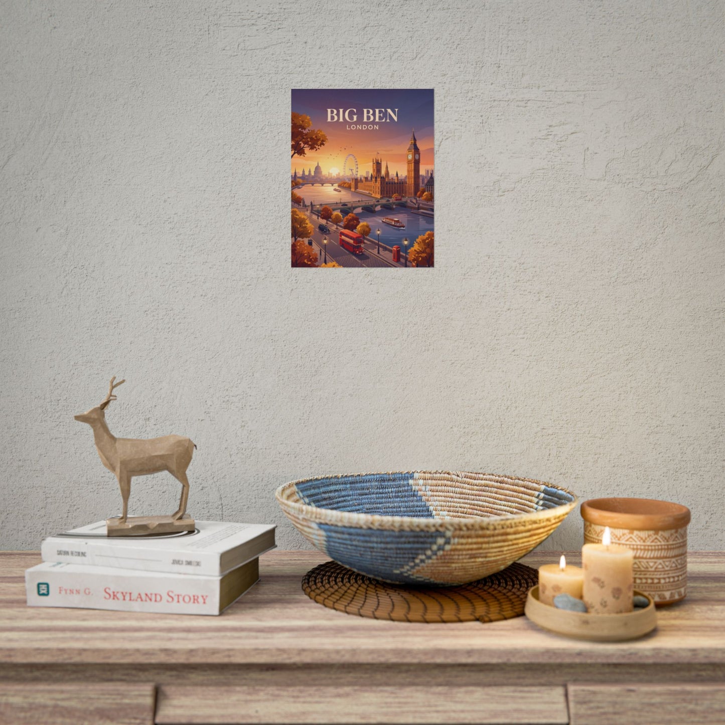Small vertical London skyline poster featuring Big Ben, river bridge, and red double-decker bus.