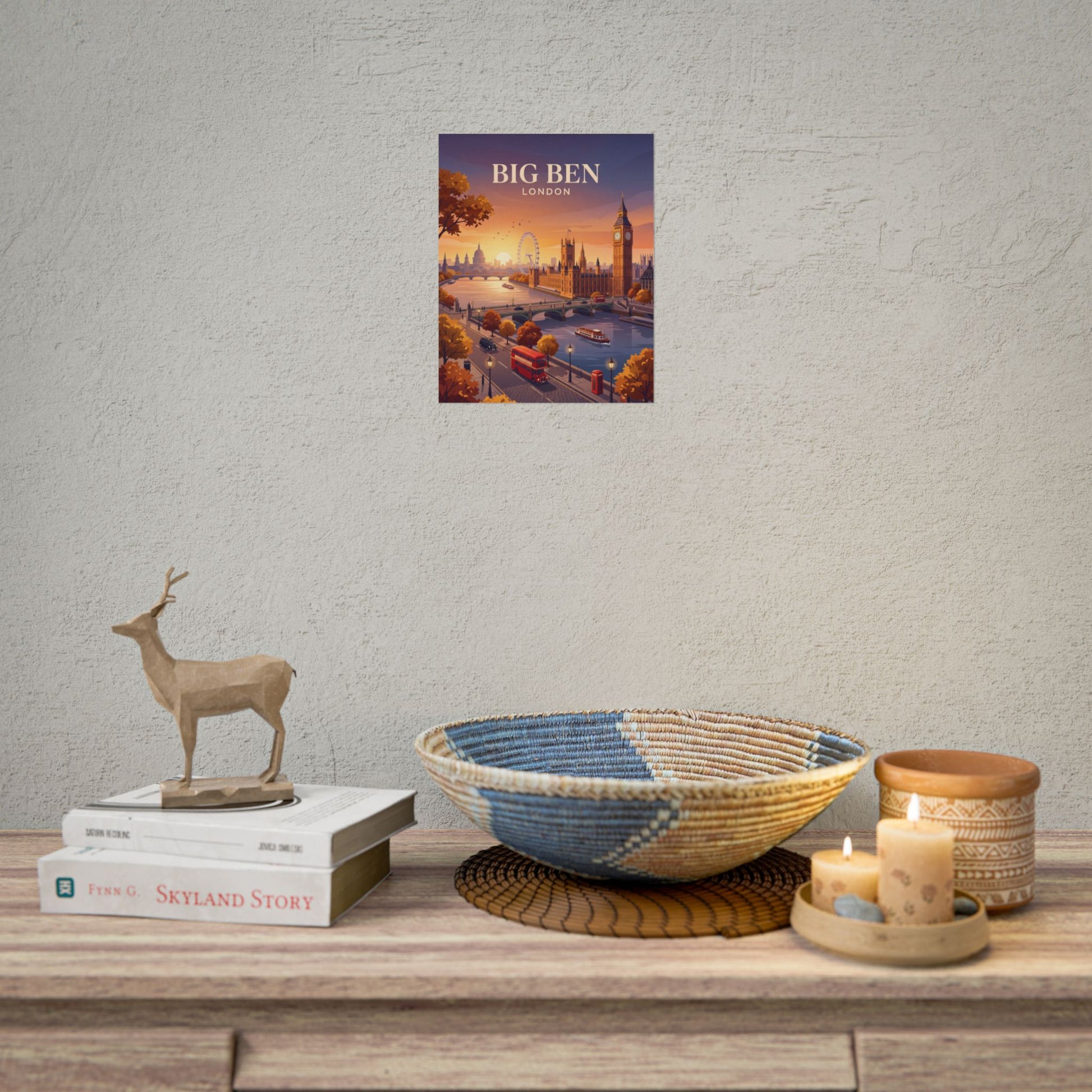 Small vertical London skyline poster featuring Big Ben, river bridge, and red double-decker bus.
