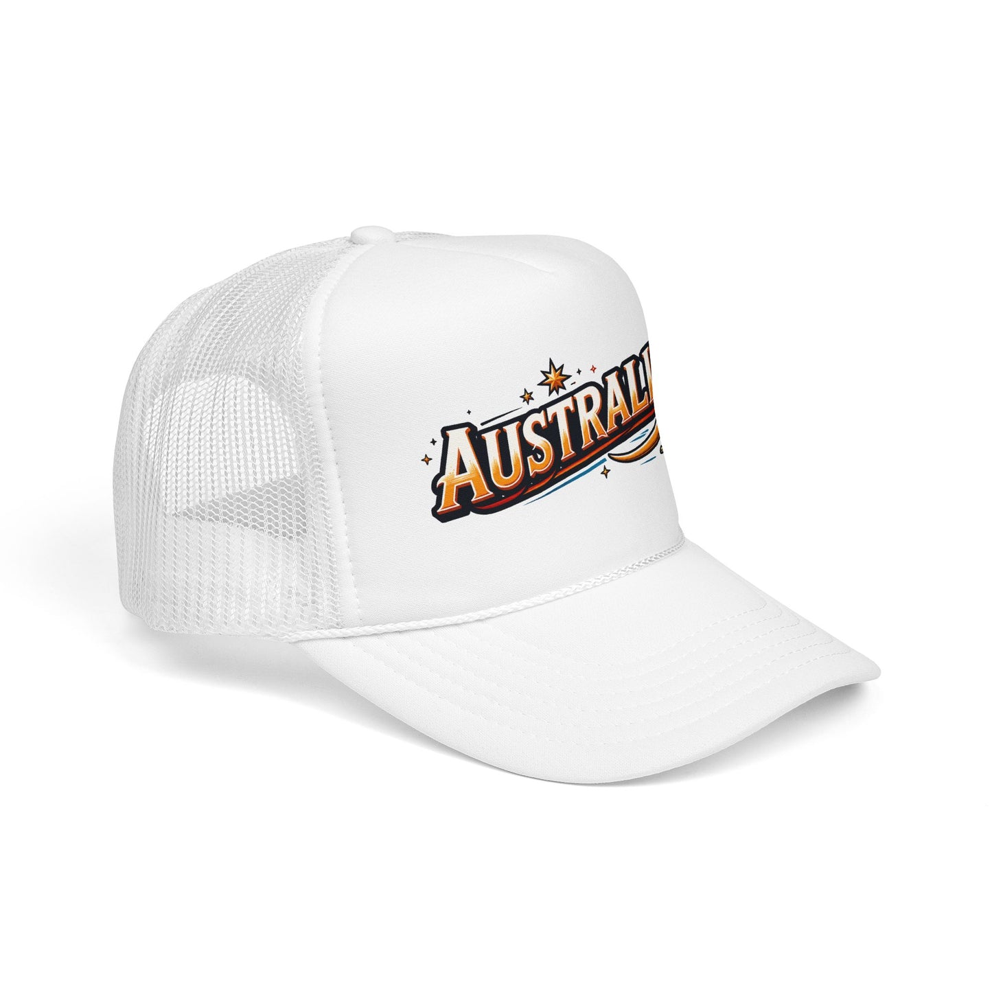 Australia trucker hat with white mesh sides, white front panel, and curved brim