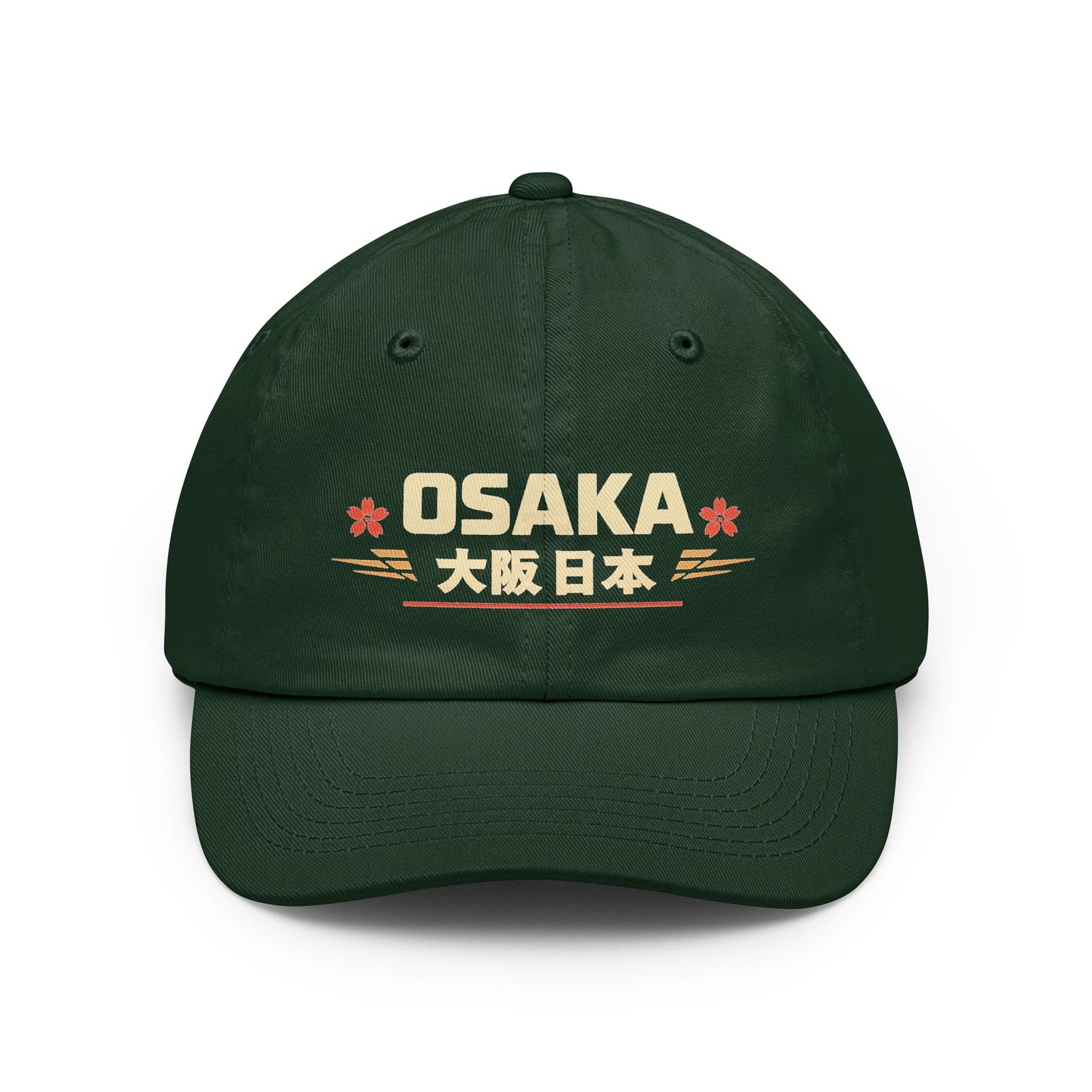 Green vintage dad hat with embroidered Osaka front graphic and curved brim