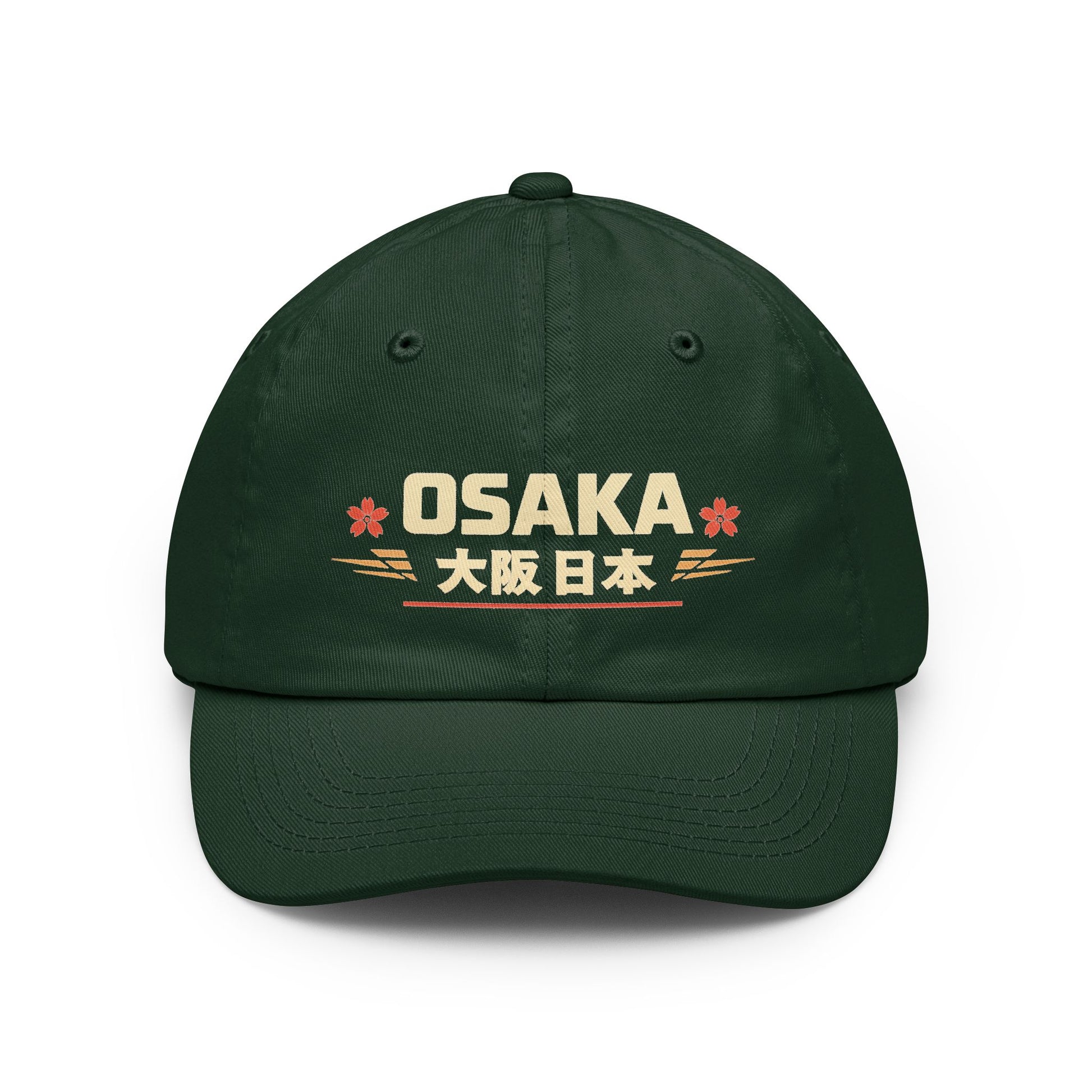 Green vintage dad hat with embroidered Osaka front graphic and curved brim