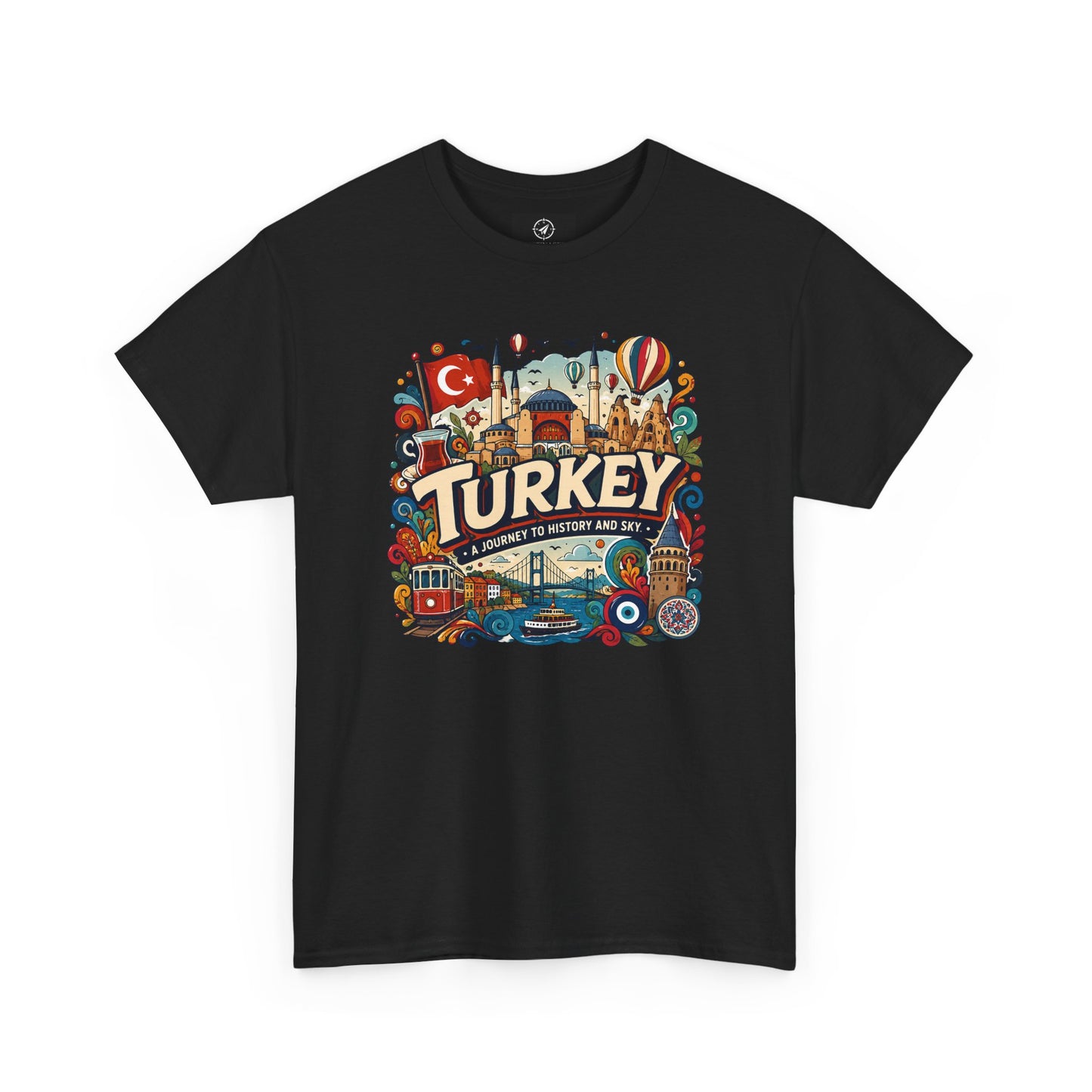 Black crewneck graphic tee with colorful “Turkey” Istanbul landmark print
