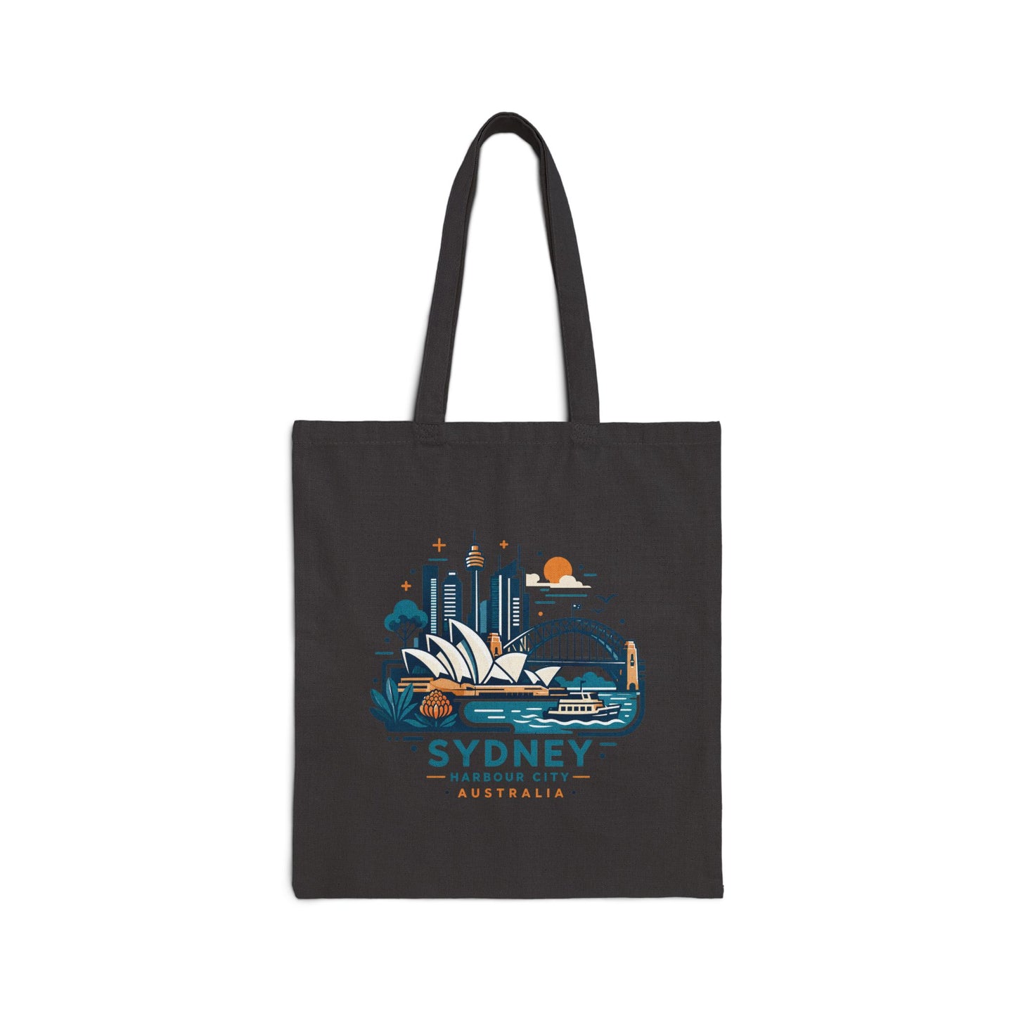 Black canvas tote bag with colorful Sydney Harbour City graphic on front
