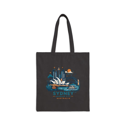 Black canvas tote bag with colorful Sydney Harbour City graphic on front
