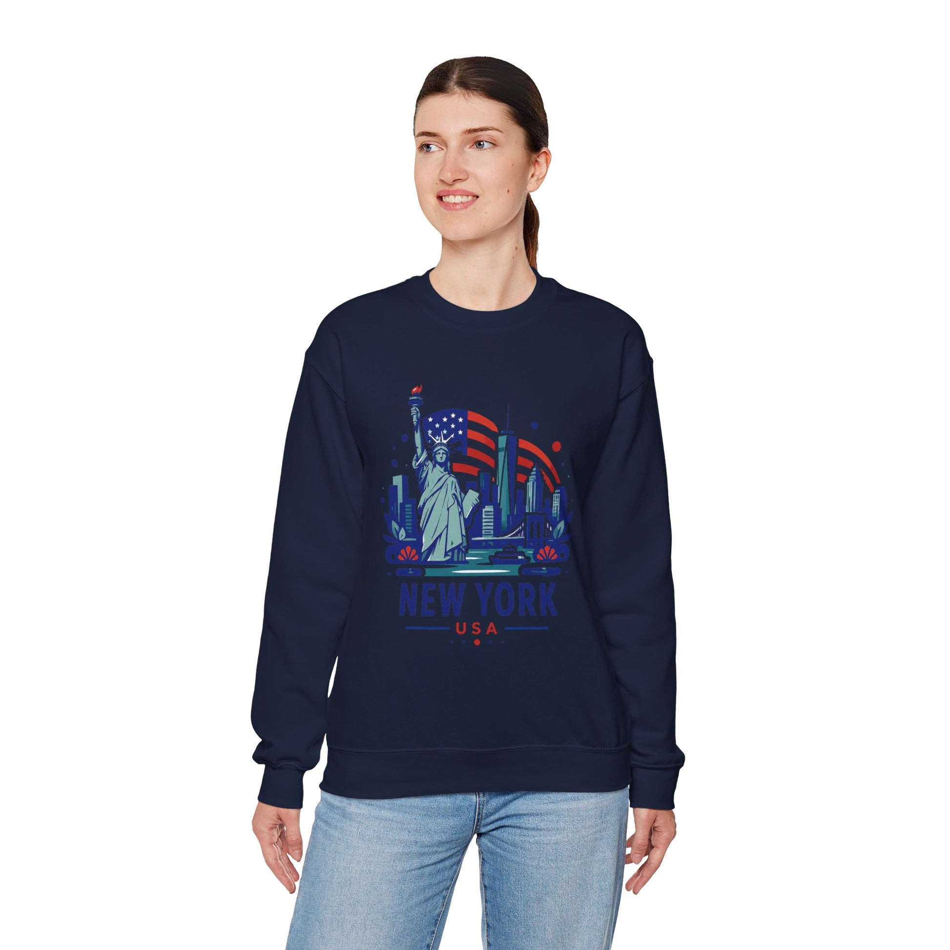 Navy crewneck sweatshirt with New York USA skyline graphic, worn by woman