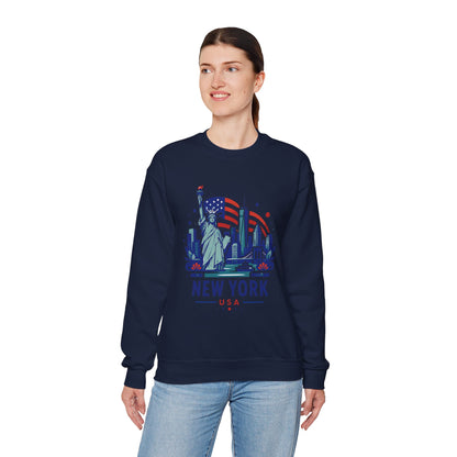Navy crewneck sweatshirt with New York USA skyline graphic, worn by woman