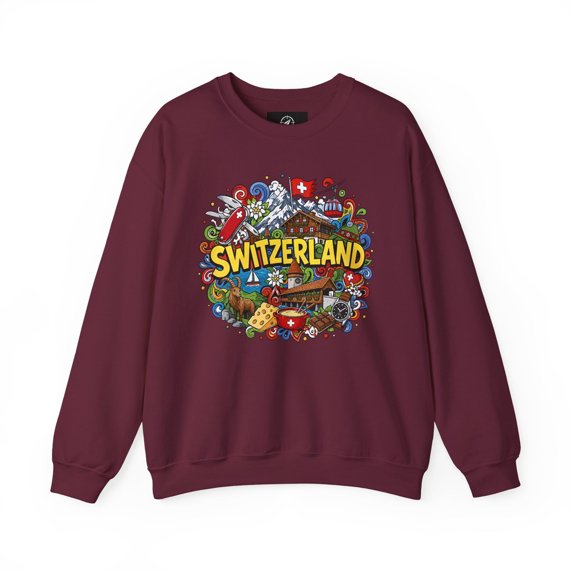 Burgundy sweatshirt with colorful Switzerland graphic print across the chest