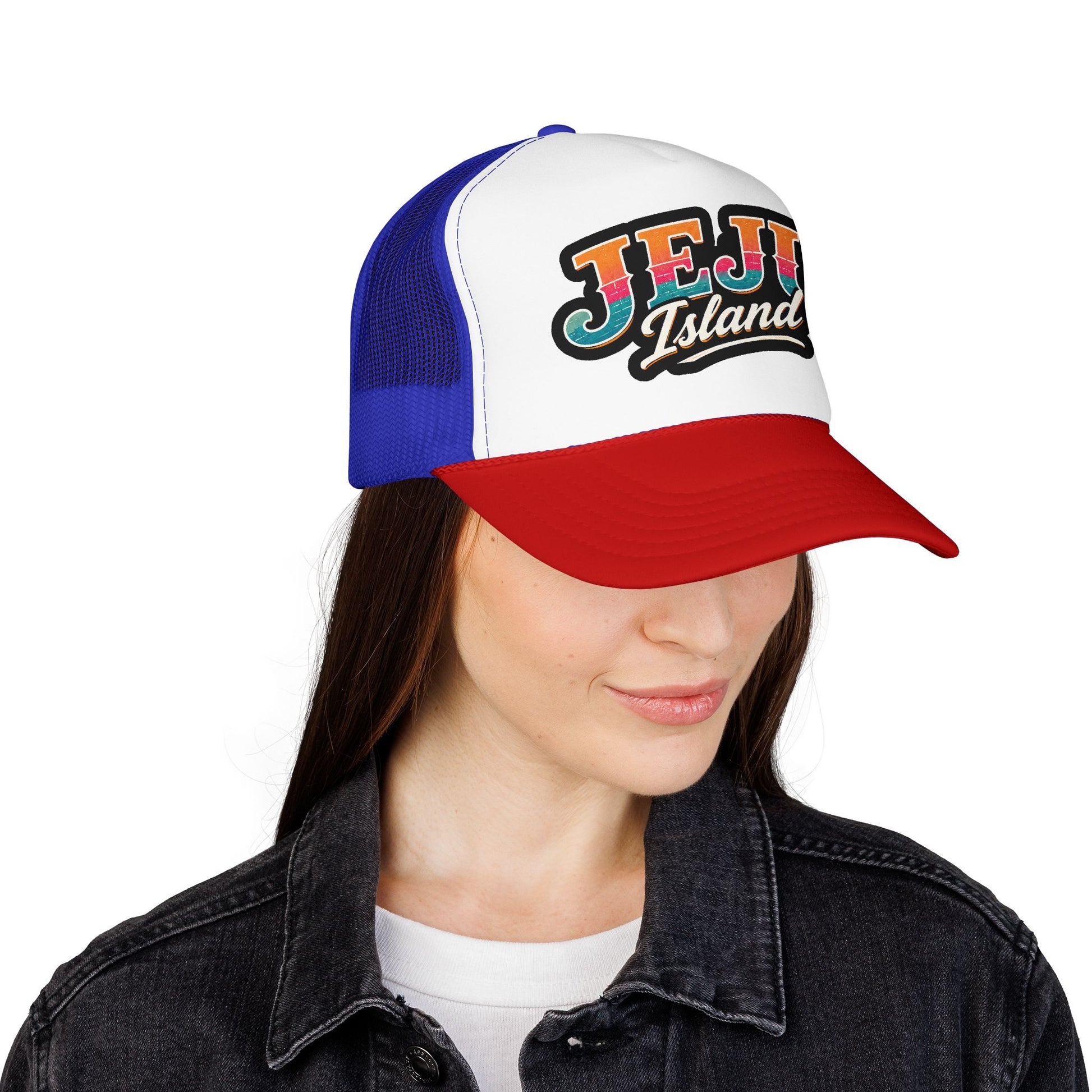 Foam trucker hat in royal blue and white with red brim and embroidered logo
