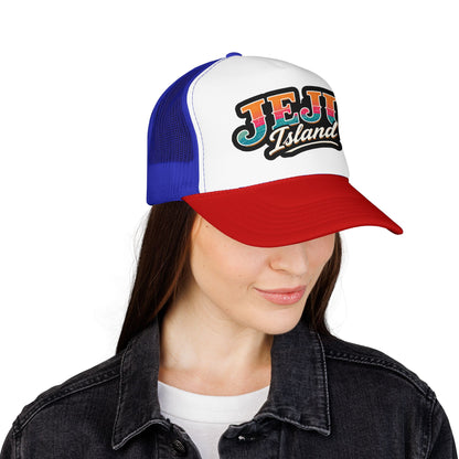 Foam trucker hat in royal blue and white with red brim and embroidered logo