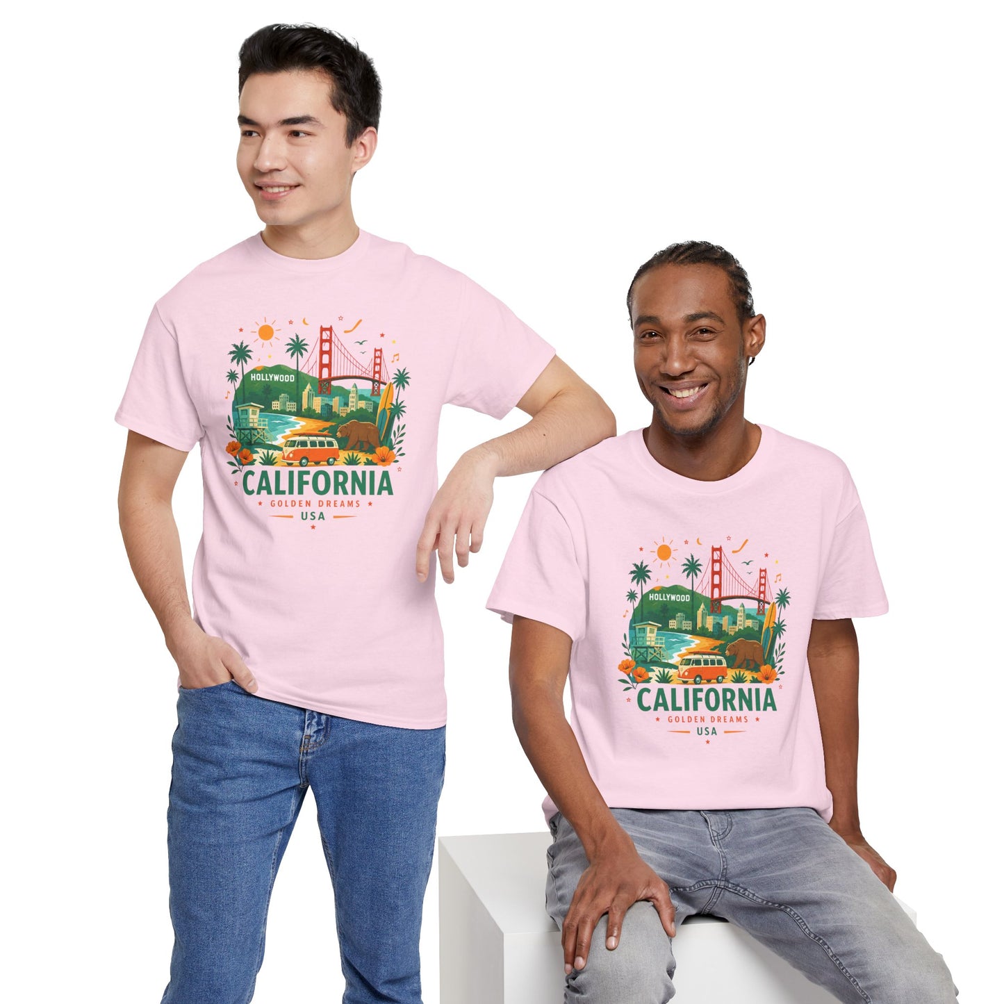 Light pink T-shirt worn by two models; front California skyline graphic print