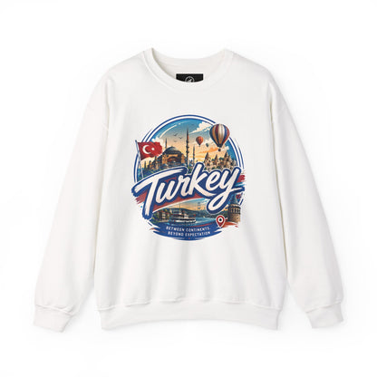 White crewneck sweatshirt featuring a “Turkey” vintage-style graphic on the front