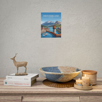 Lucerne Switzerland poster on wall featuring blue lake, alpine peaks, and bridgefront buildings