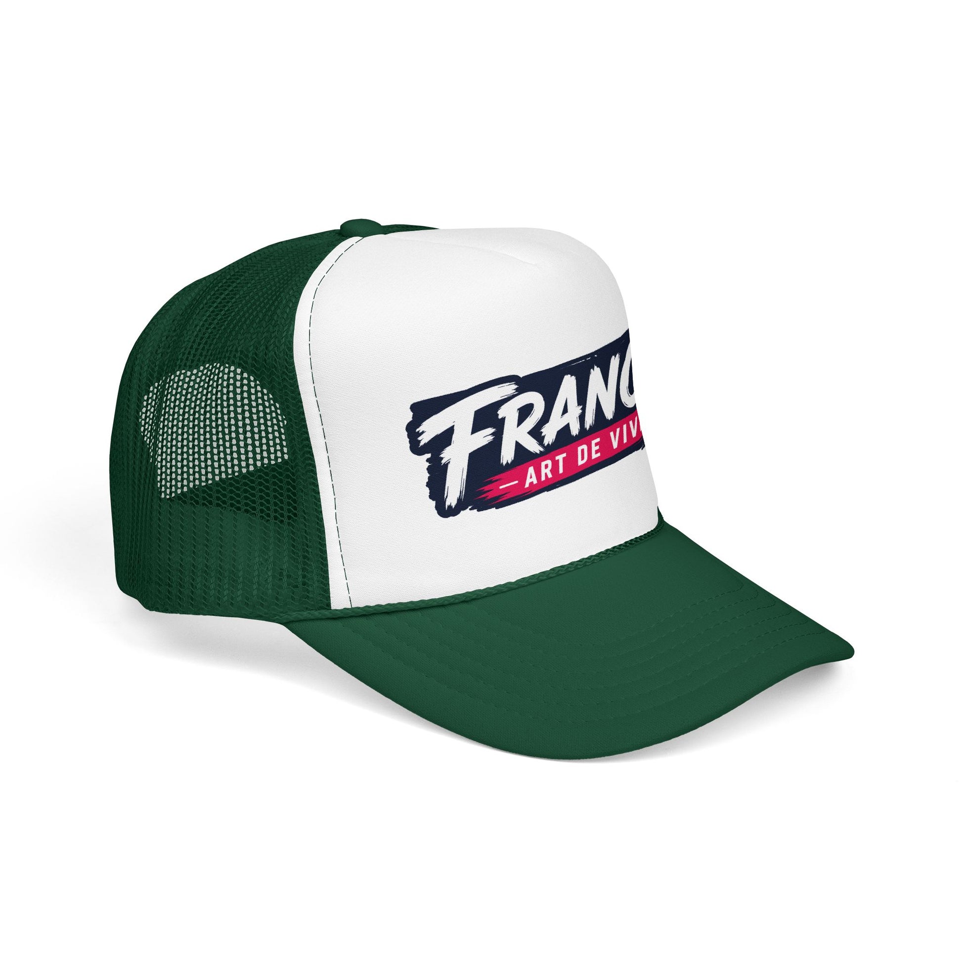 Green and white trucker hat with mesh back, curved brim, 'FRANCE Art de Vivre' logo