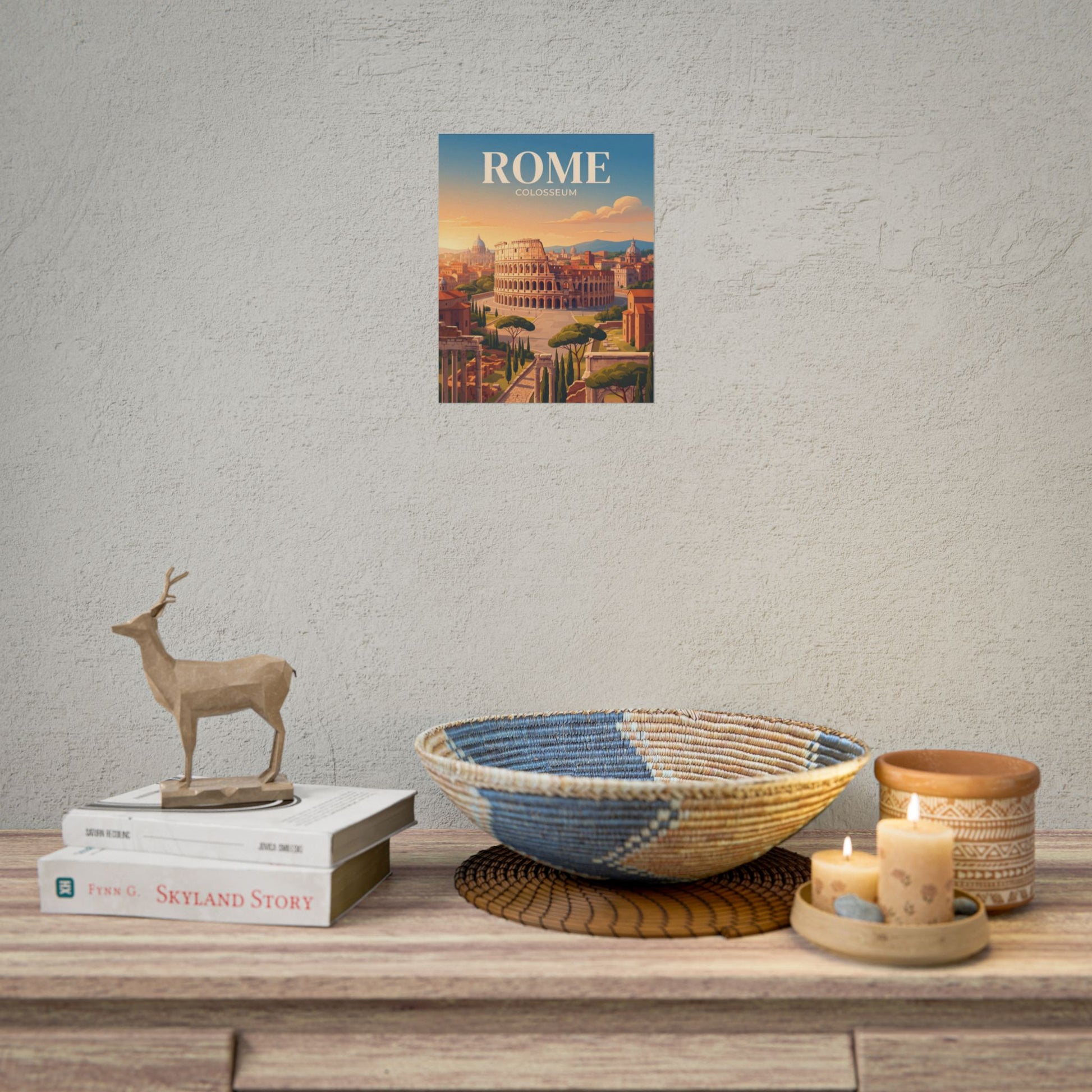 Small Rome Colosseum paper poster with city buildings and sunset gradient