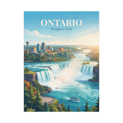 Vertical canvas wall art featuring Niagara Falls, boats, trees, and “Ontario” text