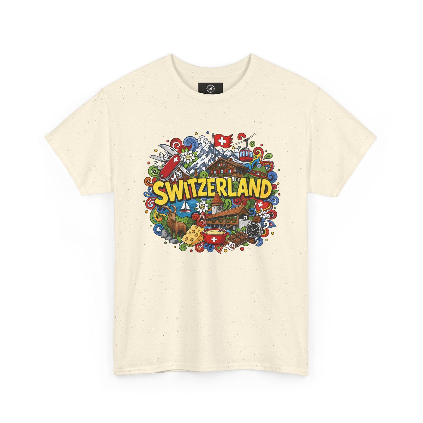 Cream Switzerland travel T-shirt with colorful Switzerland badge graphic on chest