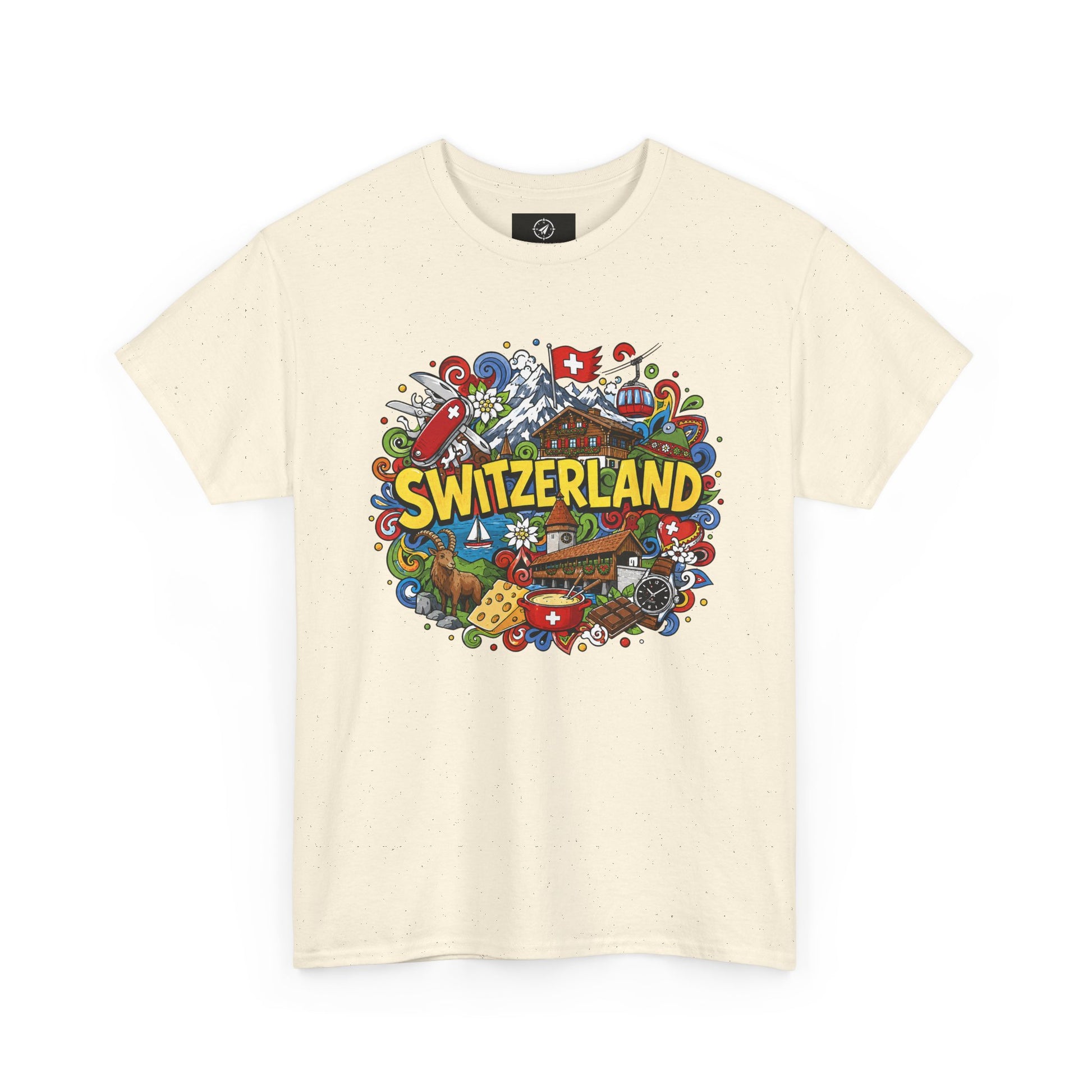 Cream Switzerland travel T-shirt with colorful Switzerland badge graphic on chest