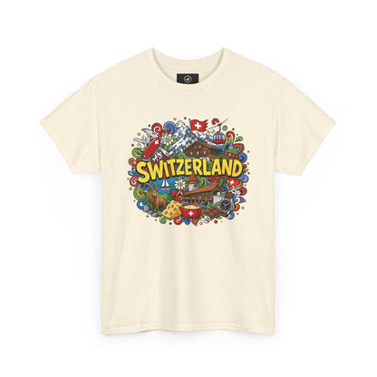 Cream Switzerland travel T-shirt with colorful Switzerland badge graphic on chest