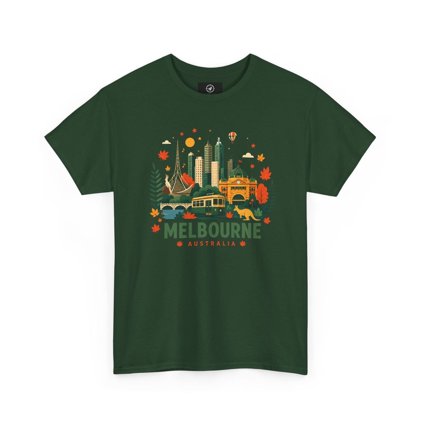 Melbourne skyline t-shirt in forest green, front graphic city skyline with “Melbourne Australia” text