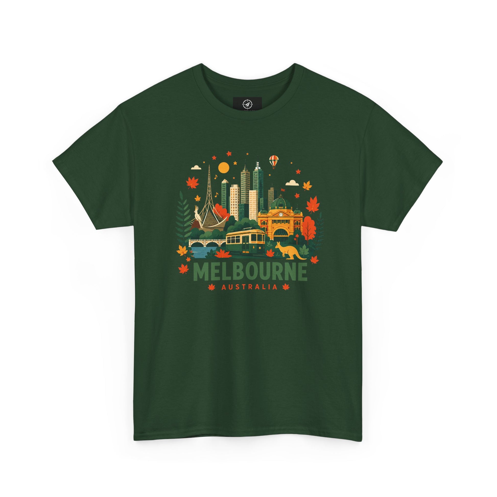 Melbourne skyline t-shirt in forest green, front graphic city skyline with “Melbourne Australia” text