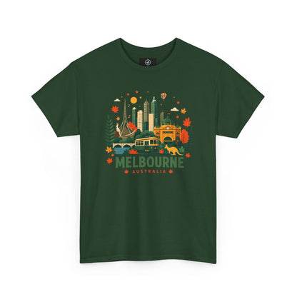 Melbourne skyline t-shirt in forest green, front graphic city skyline with “Melbourne Australia” text