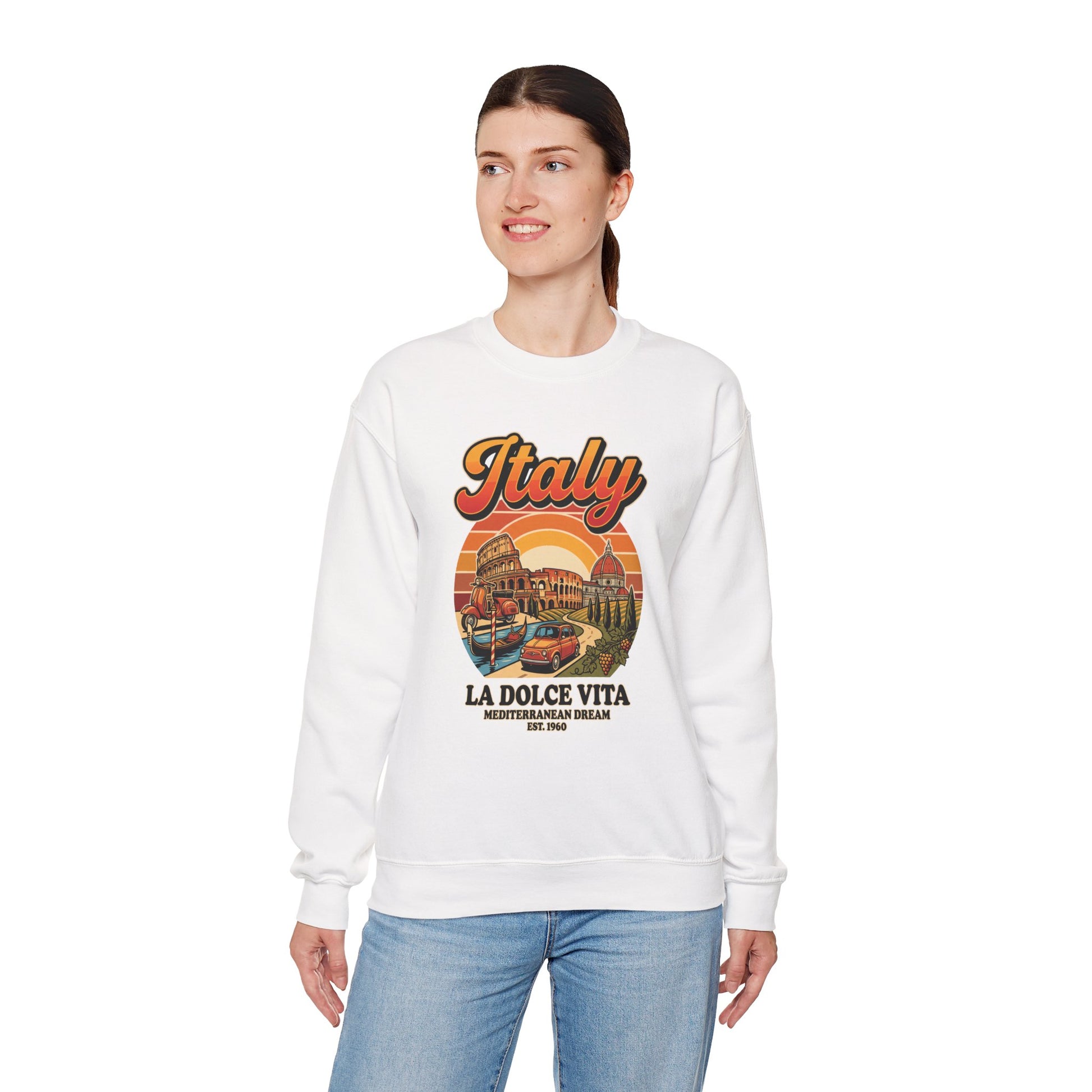 White crewneck sweatshirt with front “Italy La Dolce Vita” graphic print