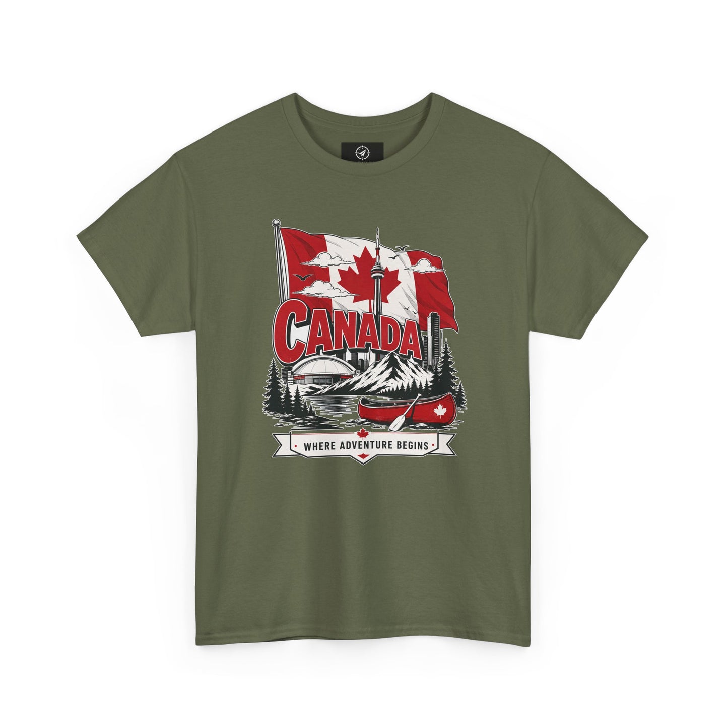 Olive green Canada graphic T-shirt with canoe-and-maple leaf illustration at center