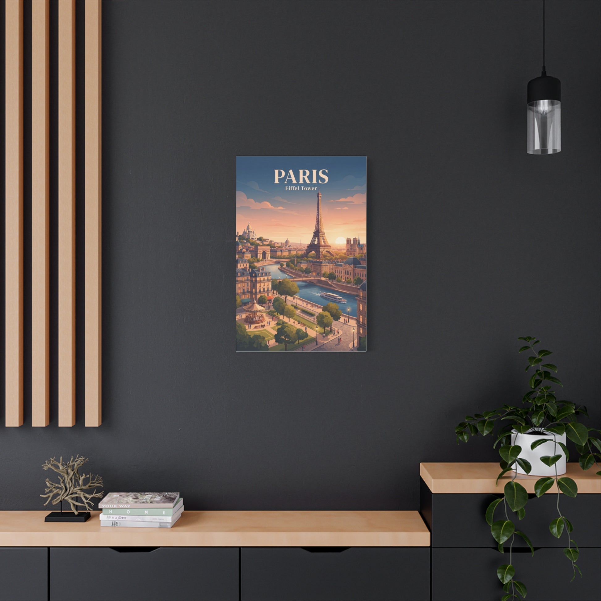 Small matte canvas wall art with Eiffel Tower, river scene, and 'PARIS' text.