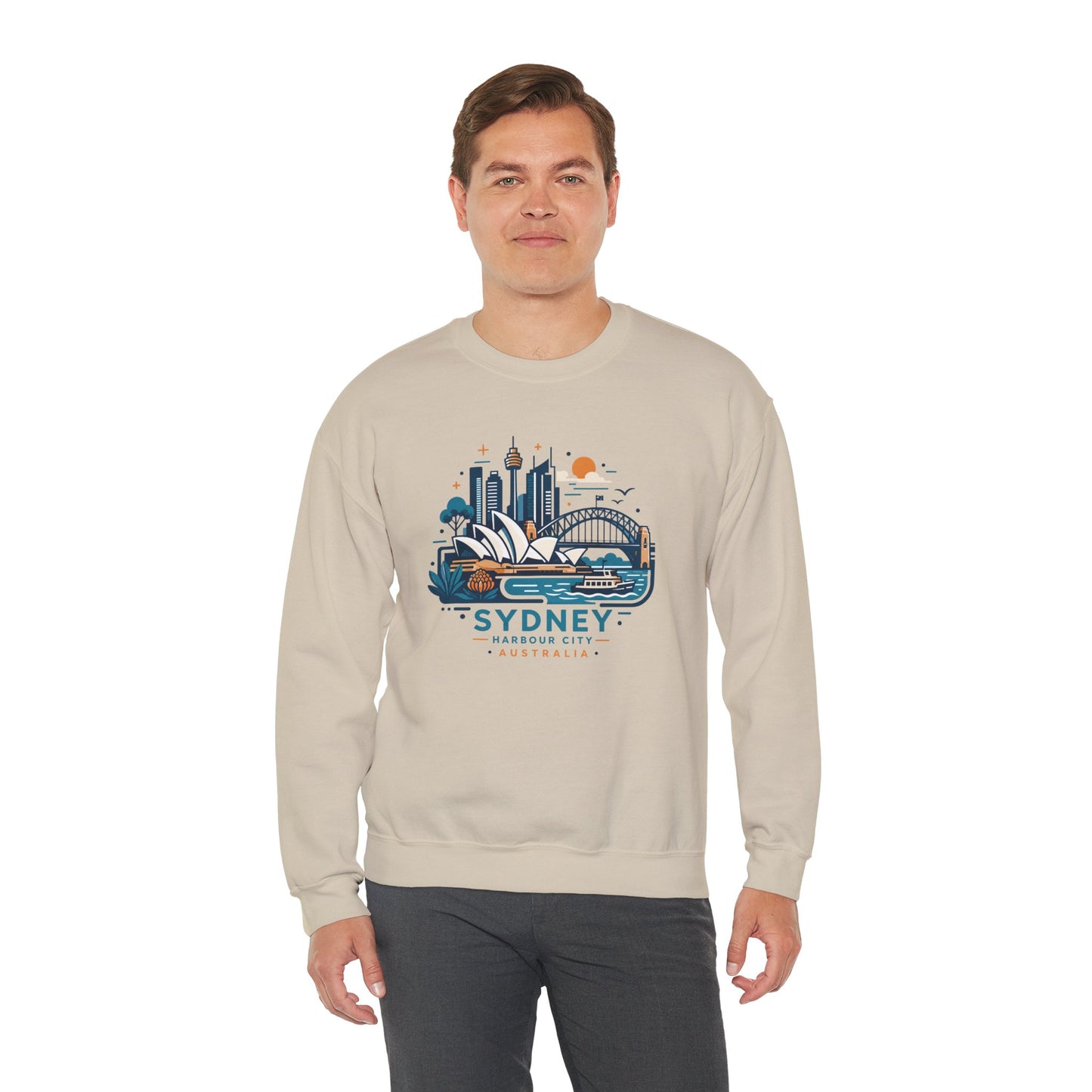 Light beige crewneck sweatshirt with front Sydney harbor graphic print