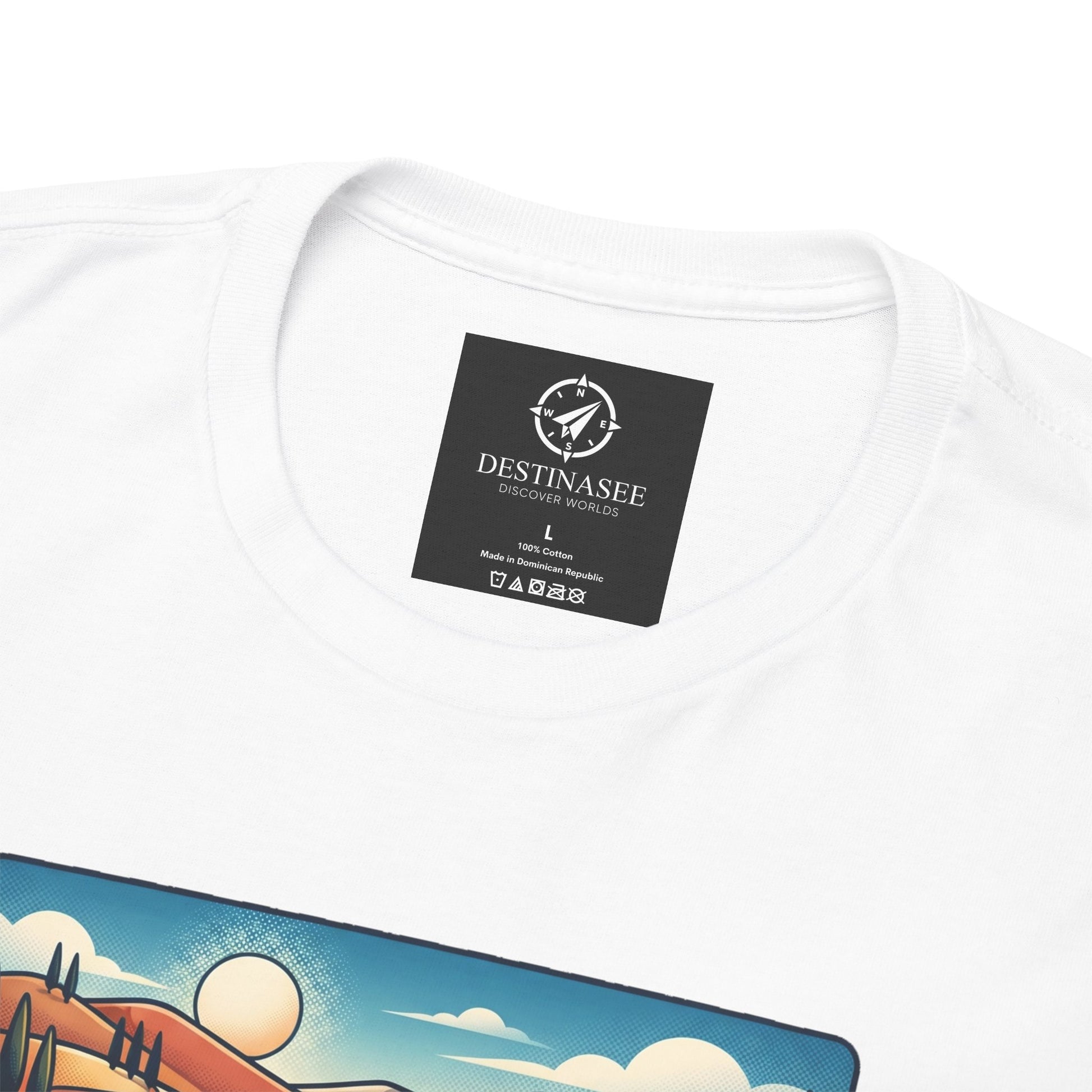 White T-shirt back with DESTINASEE care label and partial scenic graphic
