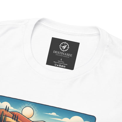 White T-shirt back with DESTINASEE care label and partial scenic graphic
