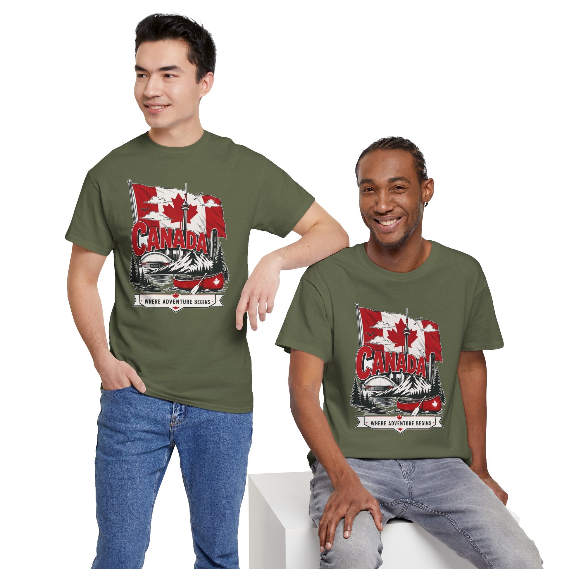 Olive green Canada graphic T-shirt with canoe and maple leaf chest print