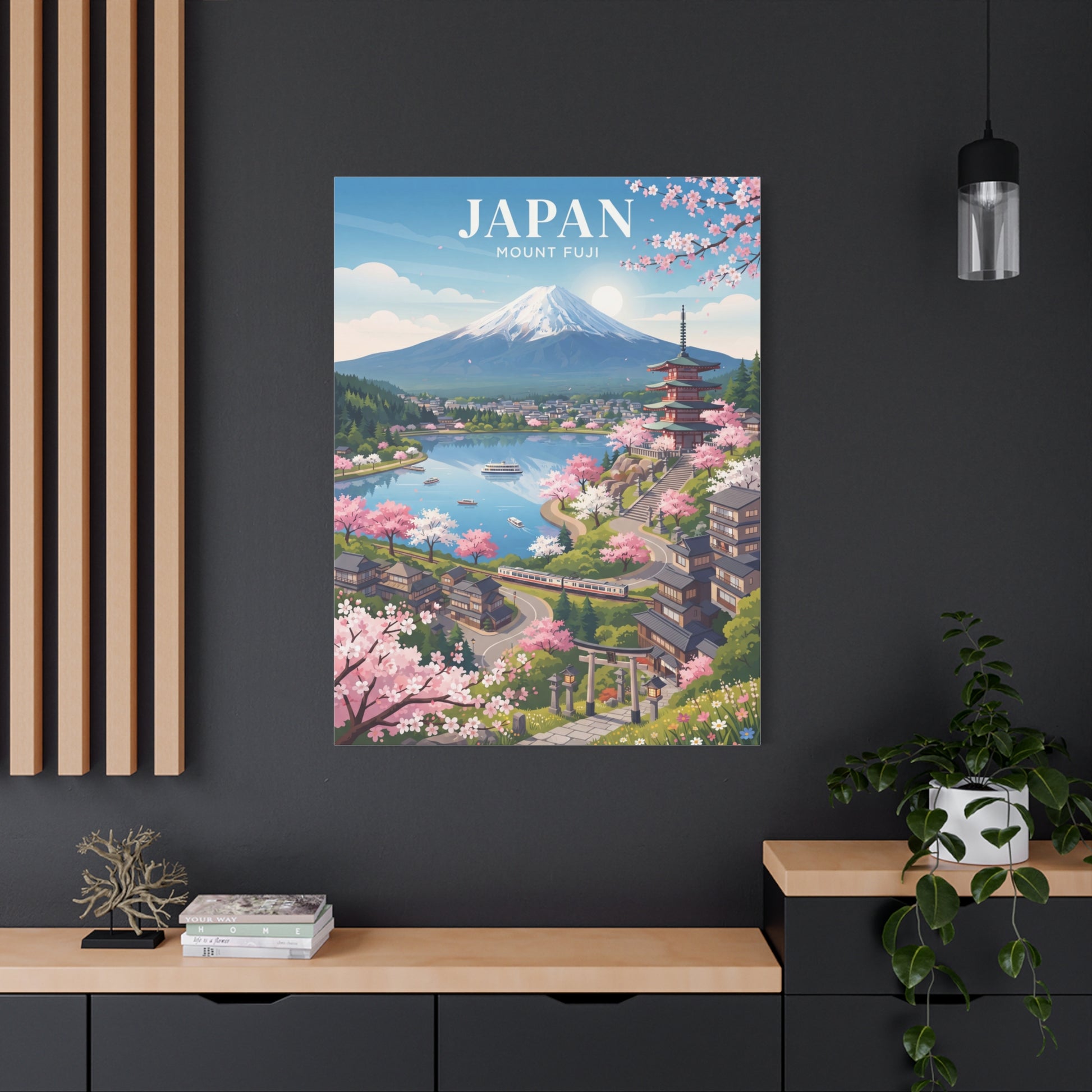 Mount Fuji cherry blossom stretched canvas wall art, 'JAPAN' text above pagoda
