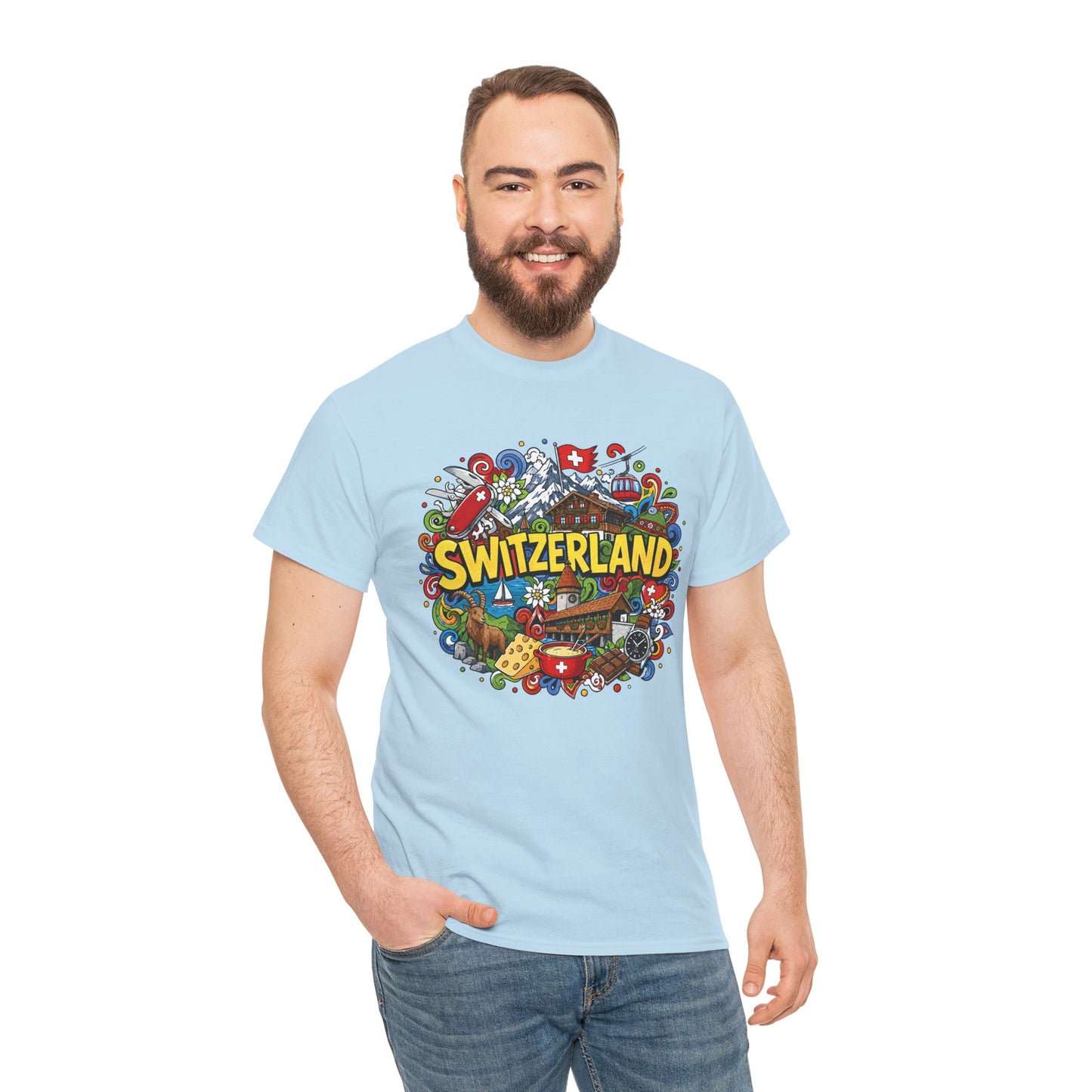 Light blue crewneck T-shirt with colorful Switzerland-style crest graphic on chest.