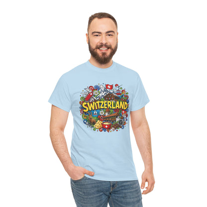 Light blue crewneck T-shirt with colorful Switzerland-style crest graphic on chest.