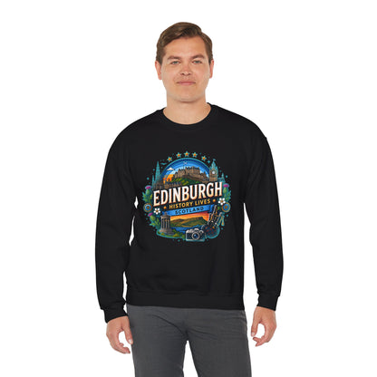 Black crewneck sweatshirt with Edinburgh graphic print on the front center