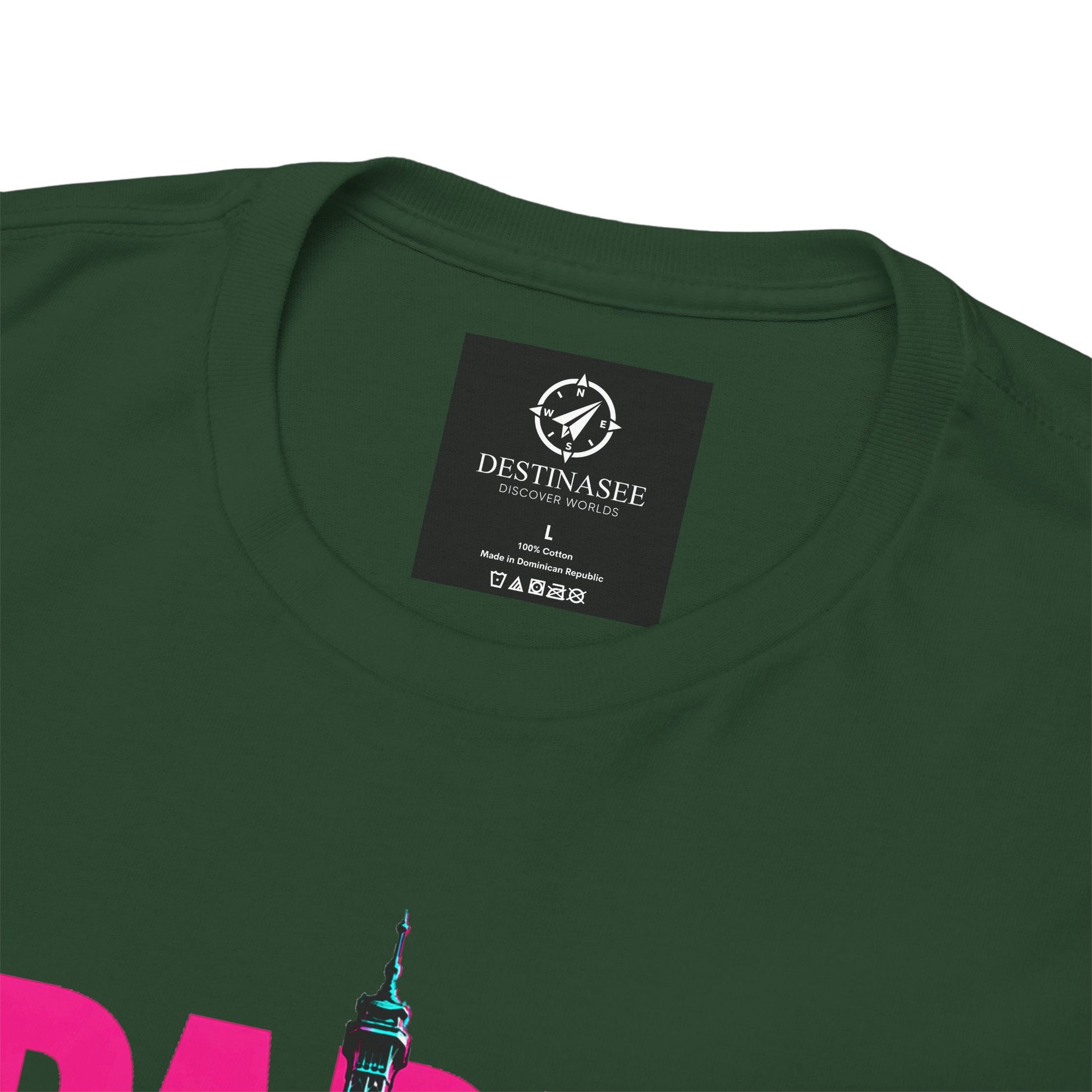 Dark green crewneck T-shirt with Paris neon Eiffel graphic on chest