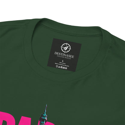 Dark green crewneck T-shirt with Paris neon Eiffel graphic on chest